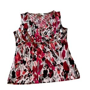 Jones Studio Tank Top Womens M Pink Abstract Floral Faux Wrap Sleeveless